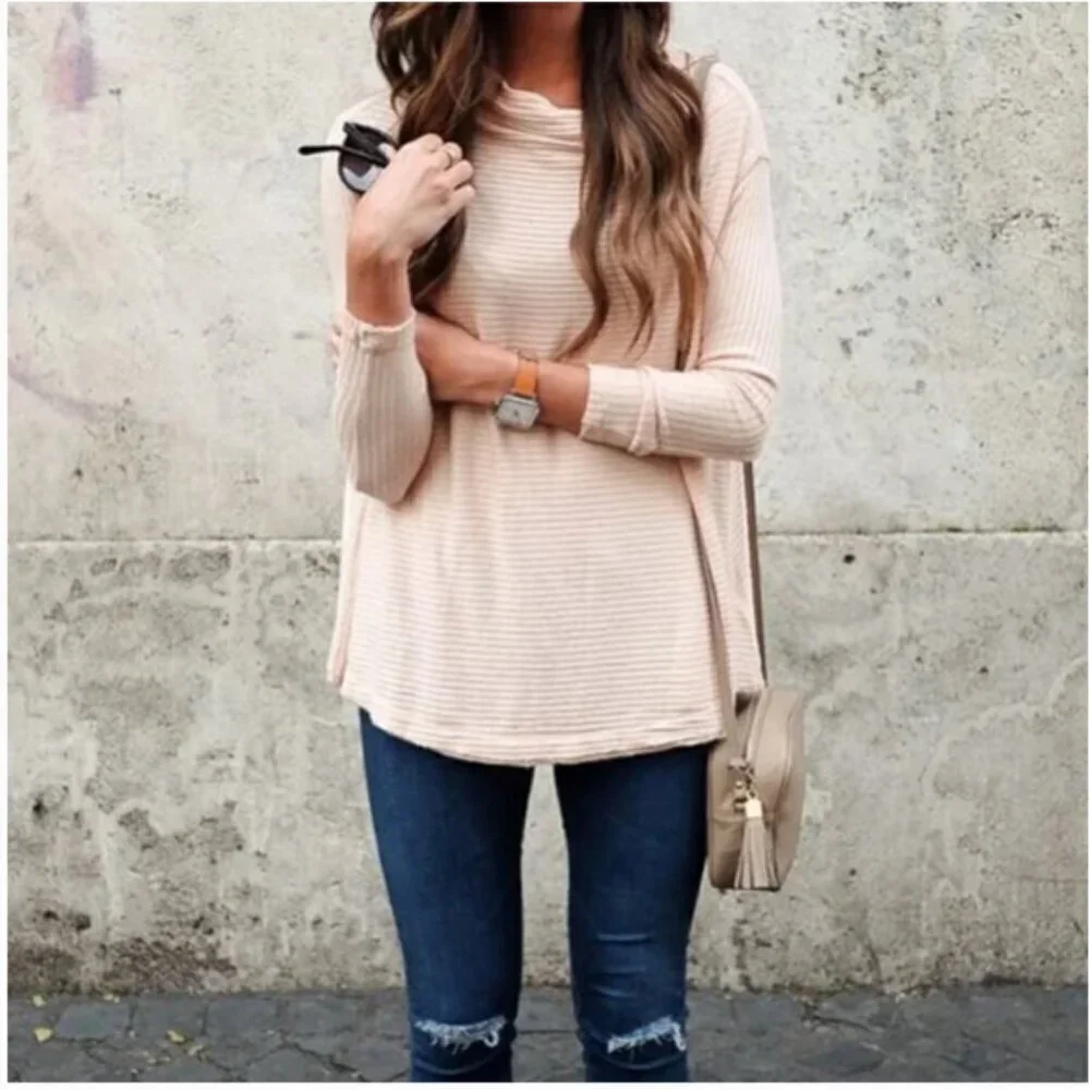 We the Free Lover Split Back Ribbed Sweater Pullover Peachy Pink Raw Hem